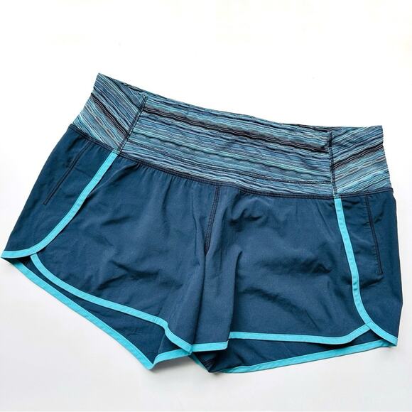 LULULEMON Navy Blue Aqua Contrast Mini Short Shorts Zip Workout Active Gym Run 6 - Picture 3 of 16
